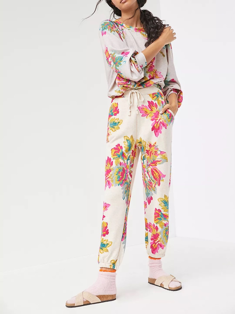 Anthropologie Cream Track Joggers with Pink Floral Print Edita Ruched Sweatshirt
